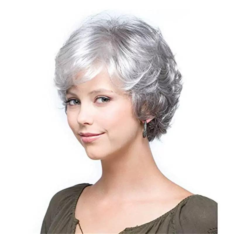 Perruque Courte Bouclée pour Femme, Cheveux Synthétiques Argentés pour Dames Âgées