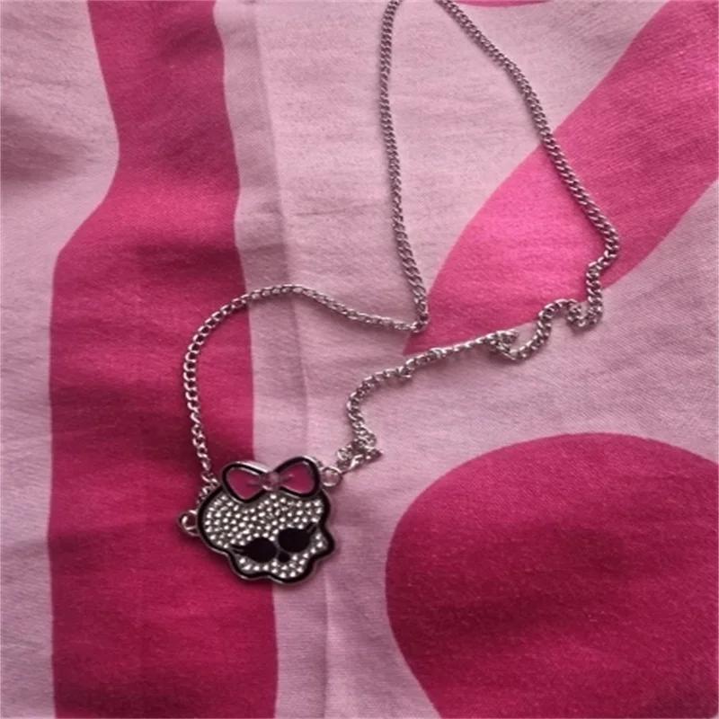 Accessories Pink Bowknot Rhinestone Skull Necklace for Women Fashion Gothic Bone Link Charm Pendant Harajuku Jewelry
