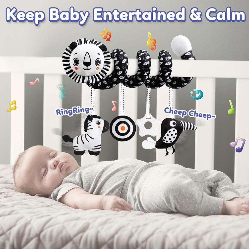 Baby Carseat Toy Black & White Lion Koala Rattle Spiral Hanging Activity Stroller Toy for Newborns Crib Mobile Sensory Toy Gifts