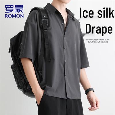 ROMON Camisa casual de manga corta de seda de hielo de secado rápido para hombre