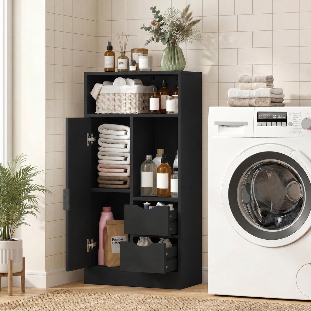 Bathroom Cabinet Narrow Storage Cabinet With 2 Drawers Open Compartments 50x25x100cm Black