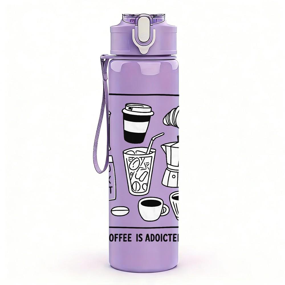 1PC Coffee Equipment Line Sketch Print 750ml Color Plastic Sports Water Bottle Leakproof Flip Straw Lid Suitable for Sports Office Home Use