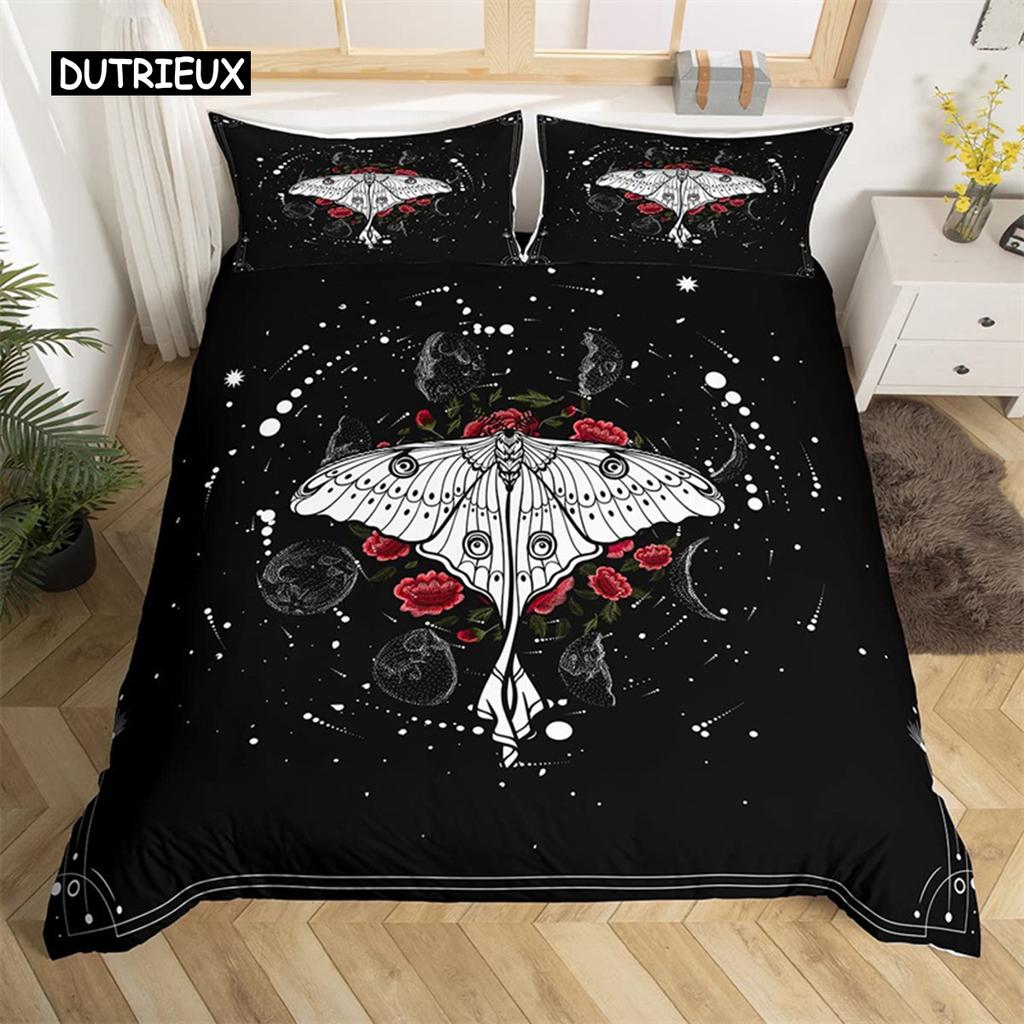 Capa de edredom borboleta e mariposa da morte, capa de edredom, caveira gótica, flor, estrela, céu, lua, conjunto de cama, poliéster, boho, exótico, preto, capa de edredom