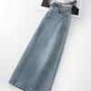 Summer 2025 Women's High-Waist Blue Denim Midi Skirt - Slimming A-Line for Pear-Shaped Bodies