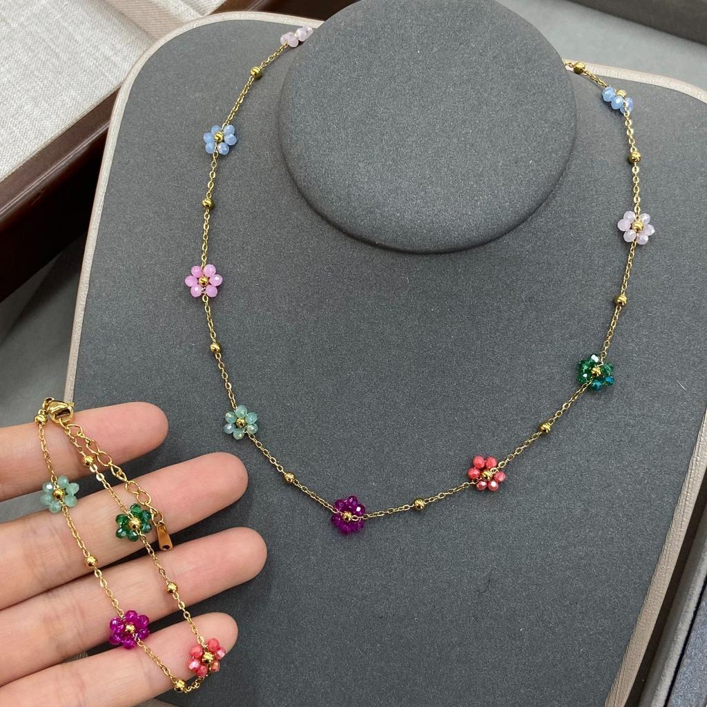 Vintage Color Flower Beaded Titanium Steel Necklace Female Dopamine Girl Small Flower Choker Collarbone Chain Bracelet Set