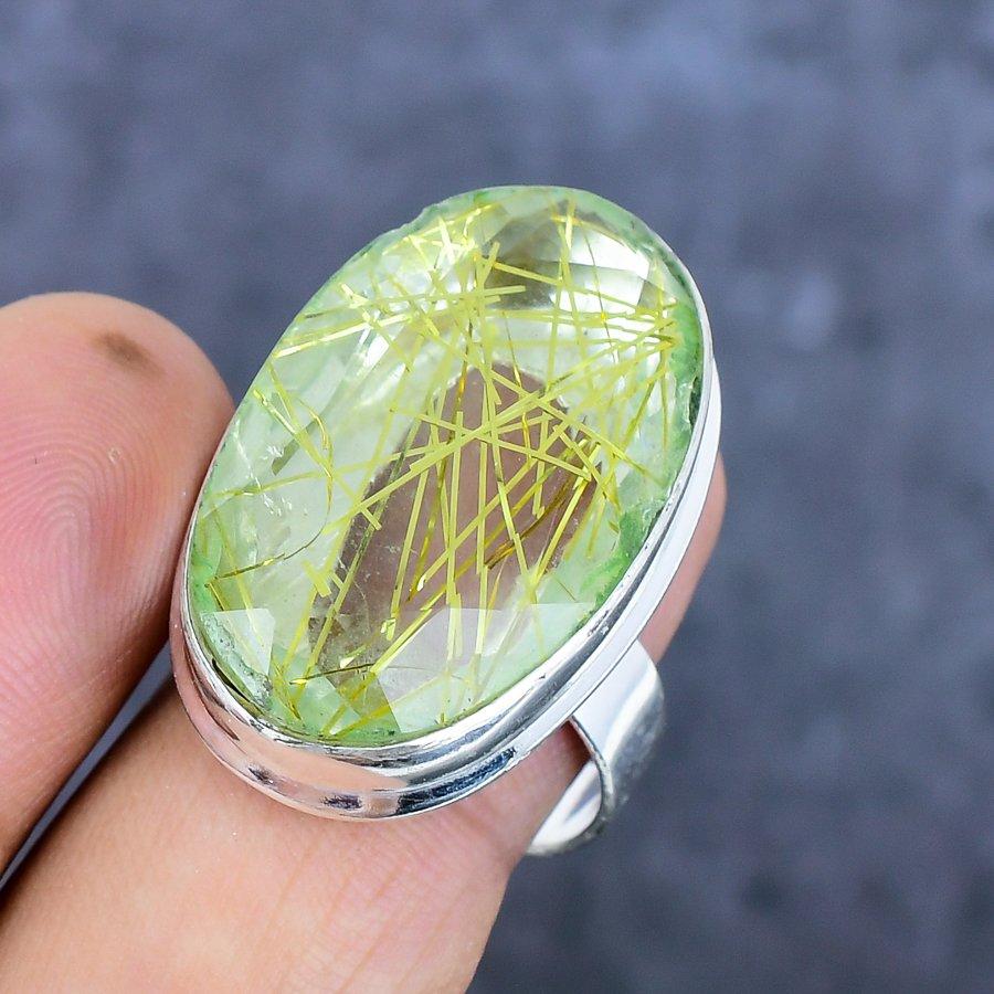 Golden Rutile Gemstone Handmade 925 Sterling Silver Jewelry Ring Size 9 O7A04
