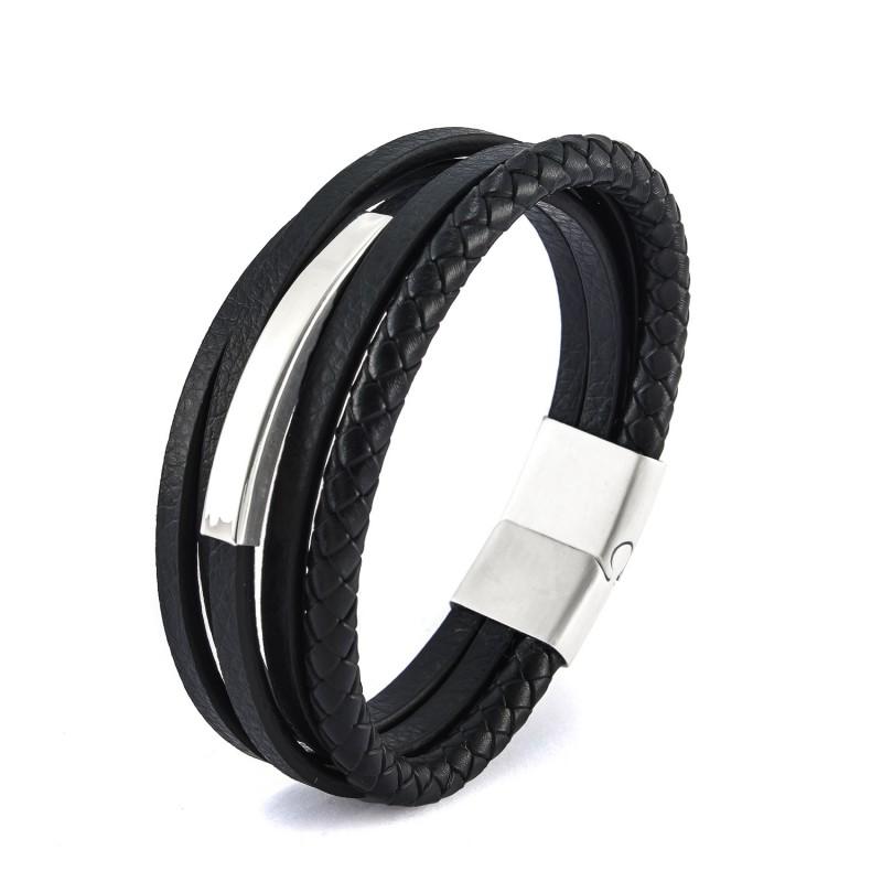 Mens Wide Leather Bracelet Handmade Multi-Layer Woven Cuff Geometric Design Steel Tone Adjustable Size