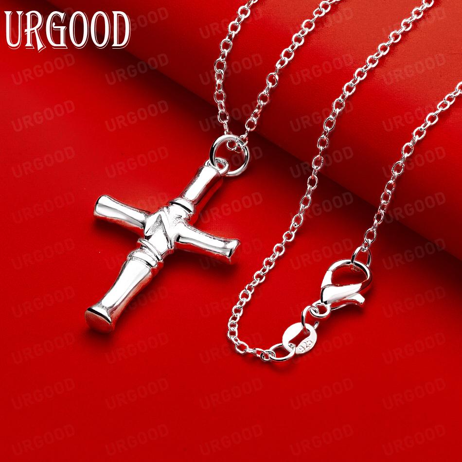 925 Sterling Silver Simple Bamboo Cross Pendant Necklace - Stylish Evening Jewelry