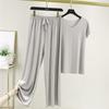 Women's Summer Pajamas V-neck Short-sleeved Top + Loose Wide-legged Pants Two-piece Set of Thin Simple Solid Color Suit