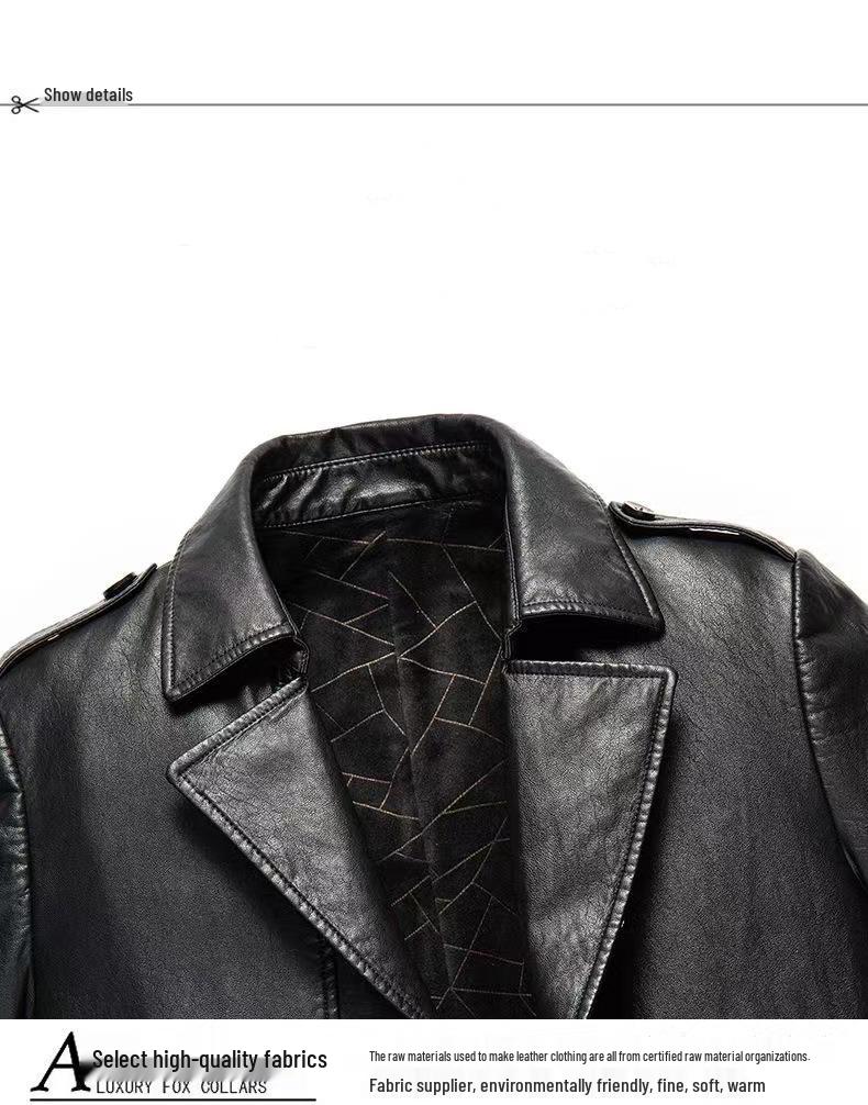 Cortavento Masculino de Couro Genuíno de Comprimento Médio: Gola de Terno, Com Veludo Extra, Quente, Jaqueta Casual de Negócios para Outono/Inverno.
