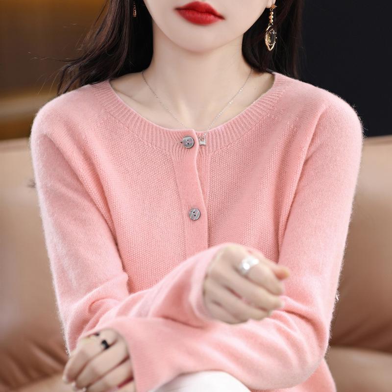 Women's Seamless Round Neck 100% Pure Wool Cardigan for Spring & Autumn