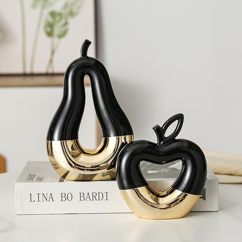 Ceramic Ornaments Golden plated Hollow Out Apple Pear Statue Desk Decoration Modern Crafts Fruits Sculpture Room Aesthetic Decor