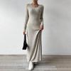 Damen Herbst Pulloverkleid Langarm V-Ausschnitt Rippstrick Maxikleid Tunika Winter A-Linie Langes Schwingkleid