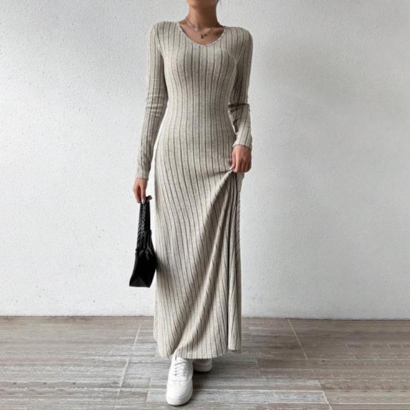 Damen Herbst Pulloverkleid Langarm V-Ausschnitt Rippstrick Maxikleid Tunika Winter A-Linie Langes Schwingkleid