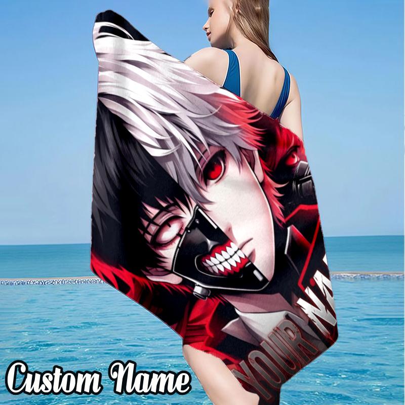 Custom Name Kaneki Ken Beach Towel - Soft, Ultra-Absorbent Microfiber, Lightweight, Perfect for Beach, Parties, Travel, Camping