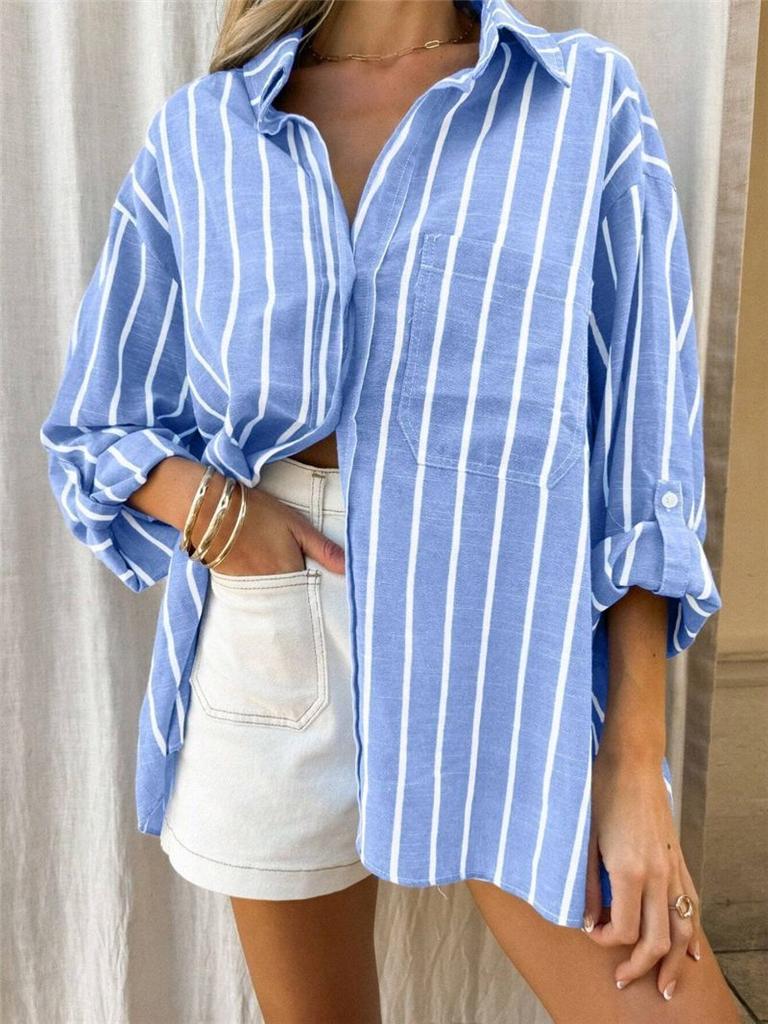 Polo a righe in poliestere con tasca per abbigliamento casual estivo