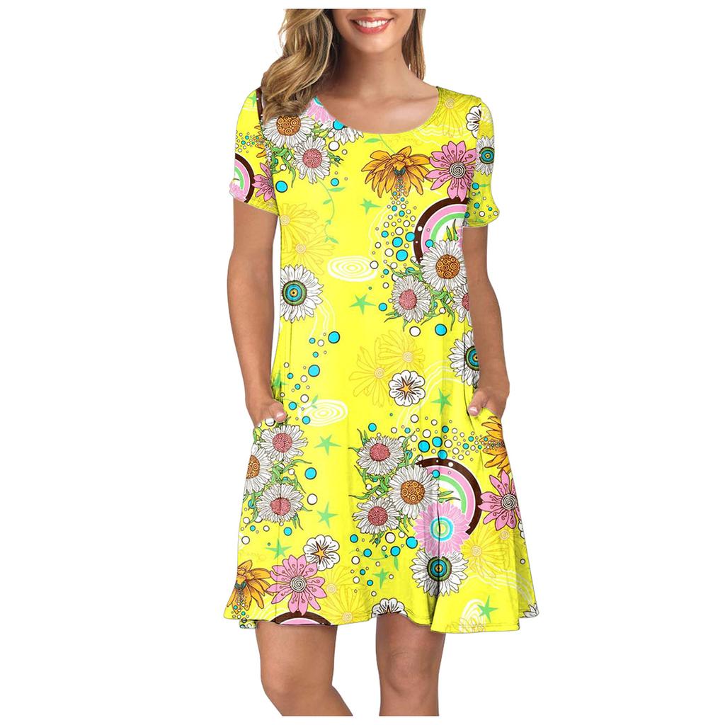 Dámské léto s krátkým rukávem slunečnice potištěné kapsy letní šaty ležérní swing šaty
