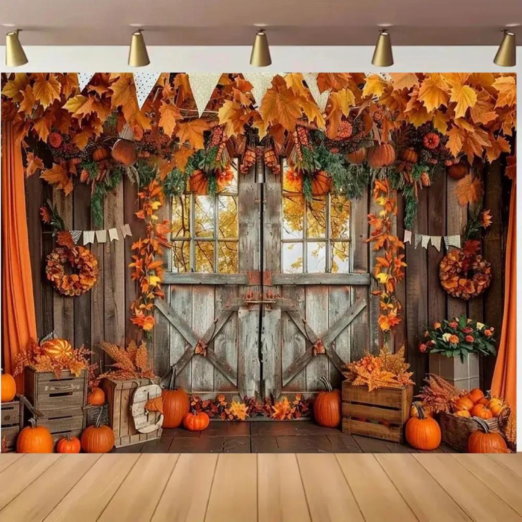 2D plane, 1 piece of autumn harvest background fabric - Maple leaves and pumpkin barn theme,Harvest Festival, polyester material