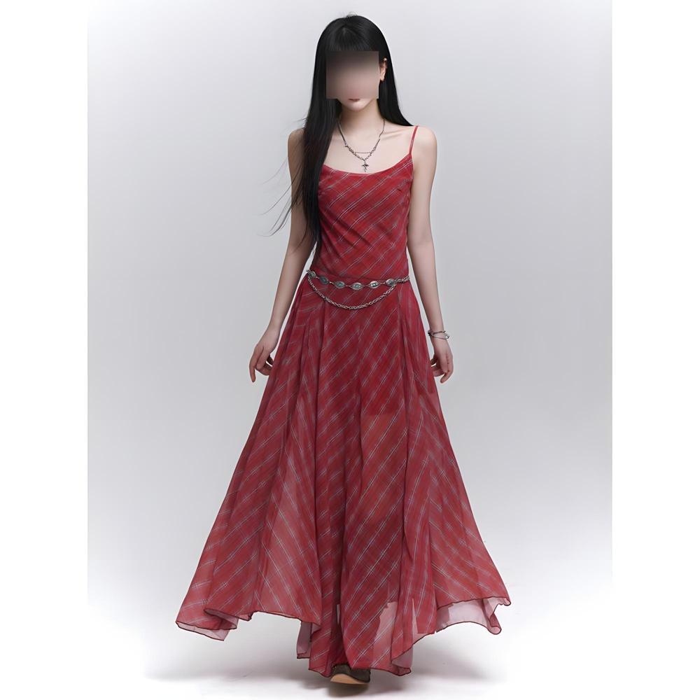 

Гао Яньчжи ретро красное клетчатое платье на подтяжках женское летнее новое приморский отпуск ветер пляжное платье XL- (recommended 110-60kg)