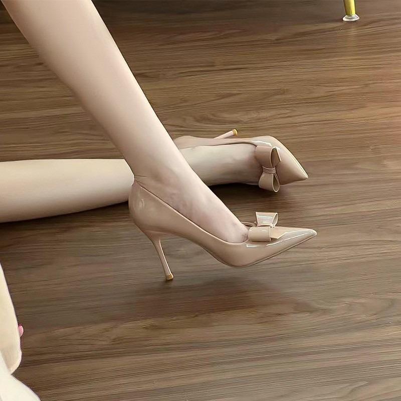 Red Pointed Toe Women Pumps Bowknot Shallow Mouth Lady Stiletto Single Shoes Patent Leather Glossy Formal Prom High Heels Shoes