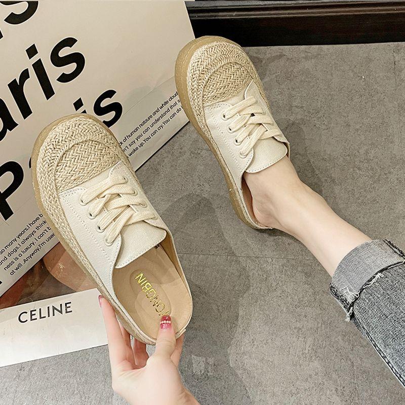 Baotou half slippers women's summer wear without heel strap leopard print fisherman shoes flat bottom half support single shoes straw cold slippers