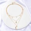 1-Pack Alloy Pendant Rhinestone Inlaid Three-Layer Necklace, Stylish Small Round Bead Tassel Hexagram Moon Pendant Trendy