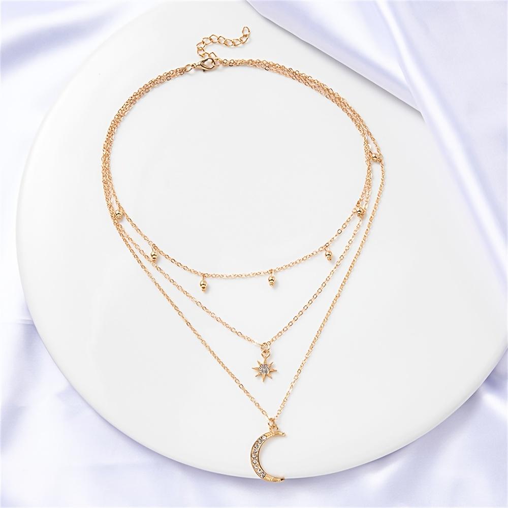 1-Pack Alloy Pendant Rhinestone Inlaid Three-Layer Necklace, Stylish Small Round Bead Tassel Hexagram Moon Pendant Trendy