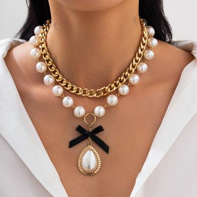 Çok Katmanlı İmitasyon İnci Su Damlası Düğüm Kolye Kadın İddialı Choker Düğün Parti Takı Aksesuarları