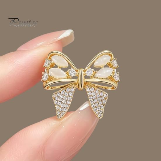 Bowknot Lapel Pin Rhinestone Bow Brooch, Cat Eye Stone Pin, Sweater Dress Embellishment Cardigan Coat Suits Clothing Accessories, Jewelry Gift