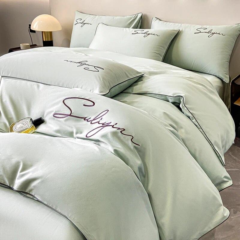 Luxury Embroidery Bedding Set Egyptian Cotton 400TC Duvet Cover Flat Fittedsheet Single Double Queen King Quilt Cover Pillowcase