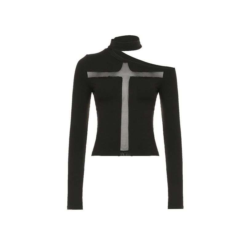 H Family European and American Women's Clothing Abstinence Dark Asymmetrical off-Shoulder Cross Tops Sexy Patchwork Black Primer T-shirt