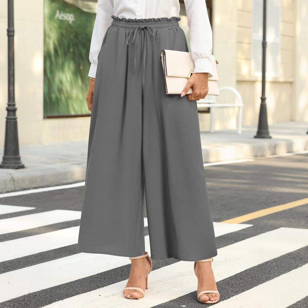 Damen Elastische Hose mit Hohem Bund Lässige Passform Weites Bein Lange Hose Hose mit Taschen