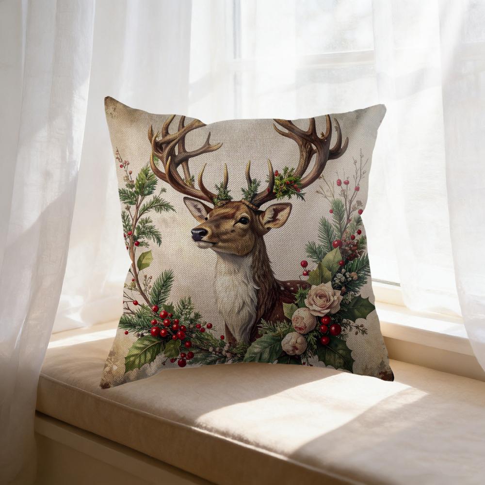 1Pc Vintage Style Cushion Cover Beige Deer And Berries Print Pillowcase For Sofa Bed Decorative Home Decoration 45X45Cm