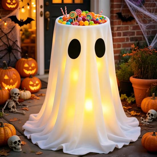 Decoração de Halloween Yousheng com Luz LED de 8 Modos com Controle Remoto, Tigela de Doces Fantasma com Suporte de Tripé, Porta-Doces Fantasma Fofo para a Frente
