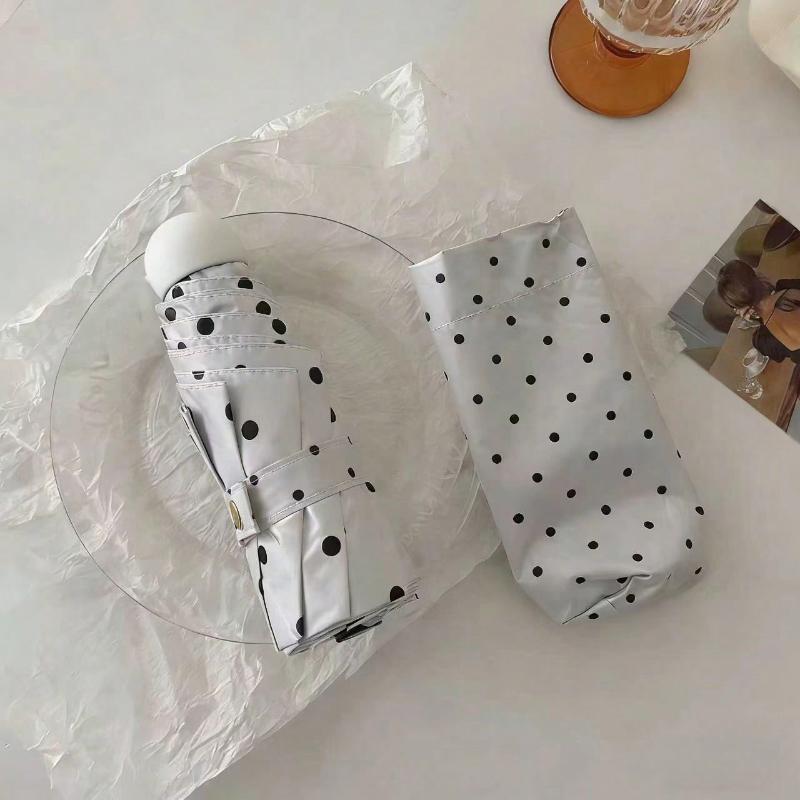 Polka Dot Cute Folding Umbrella Black Coated UV Protection Dual Use Rain Sun for Student School Commute