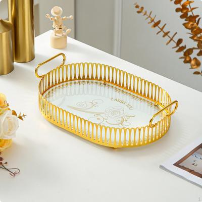 Oval Tray with Handles Light Luxury Style Decorative Mirrored Platter Creative Handle Metalwork