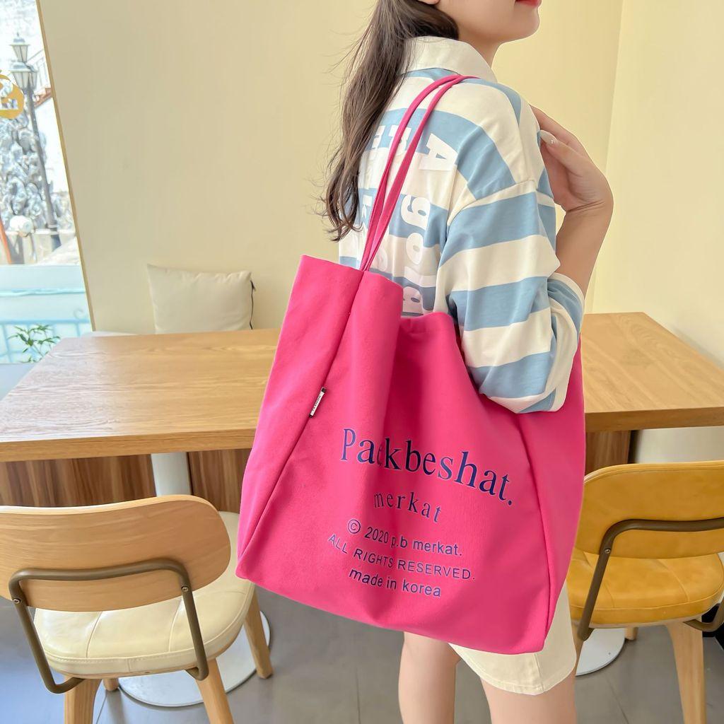 Feminine Large Canvas Tote Bag With Letter Print For Daily Use
