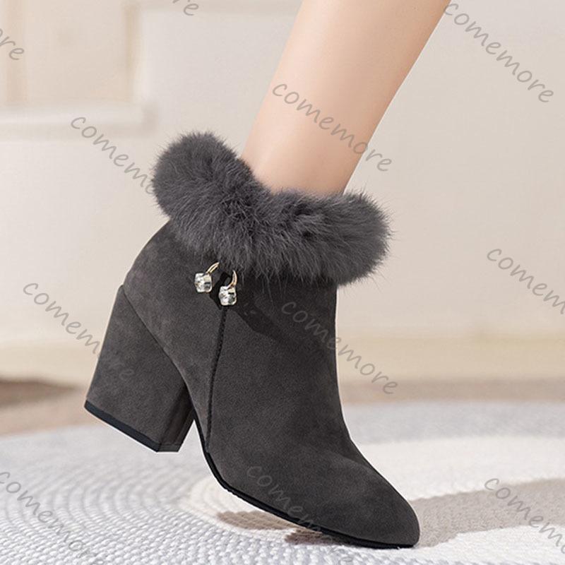 Fashion Comemore New Padded Ankle Boots Pointed Head Rhinestone Cotton Women's Shoes Casual Chunky High Heels Female Fur Short Botines