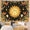 Vintage Mystical Tapestry, Golden Sun With Floral Border And Butterflies On Black Starry Background Wall Art For Aesthetic Room