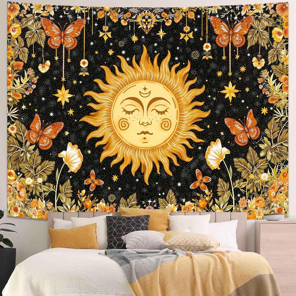 Vintage Mystical Tapestry, Golden Sun With Floral Border And Butterflies On Black Starry Background Wall Art For Aesthetic Room