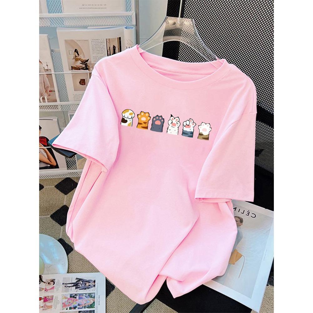 

Summer T-Shirts Womens Different Color Cat Paw Combinations Prints Short Sleeve Tees Soft Loose O-Neck Tops Basic Clothes M