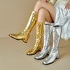 Plus Size Sewing Smooth Silver Upper Thick Heel Side Zipper Knee High Boots Square Toe Precise Style Long Boots