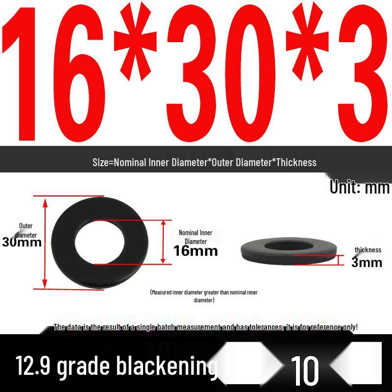 High-Strength Black Flat Washer - Grades 4.8 & 12.9, Sizes M3 To M24