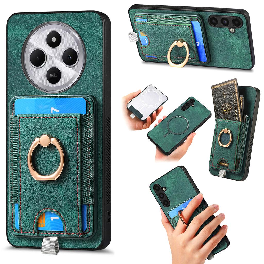 Magnetic Phone Case For Xiaomi Redmi 14C 4G/14R 5G/Poco C75 4G PU Leather Back Cover with Card Holder Ring Kickstand