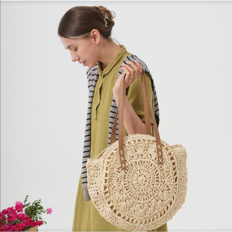 Versatile Shoulder Round Straw Bag Hand-woven Bag Large Capacity Portable Tote Bag Seaside Vacation Beach Bag