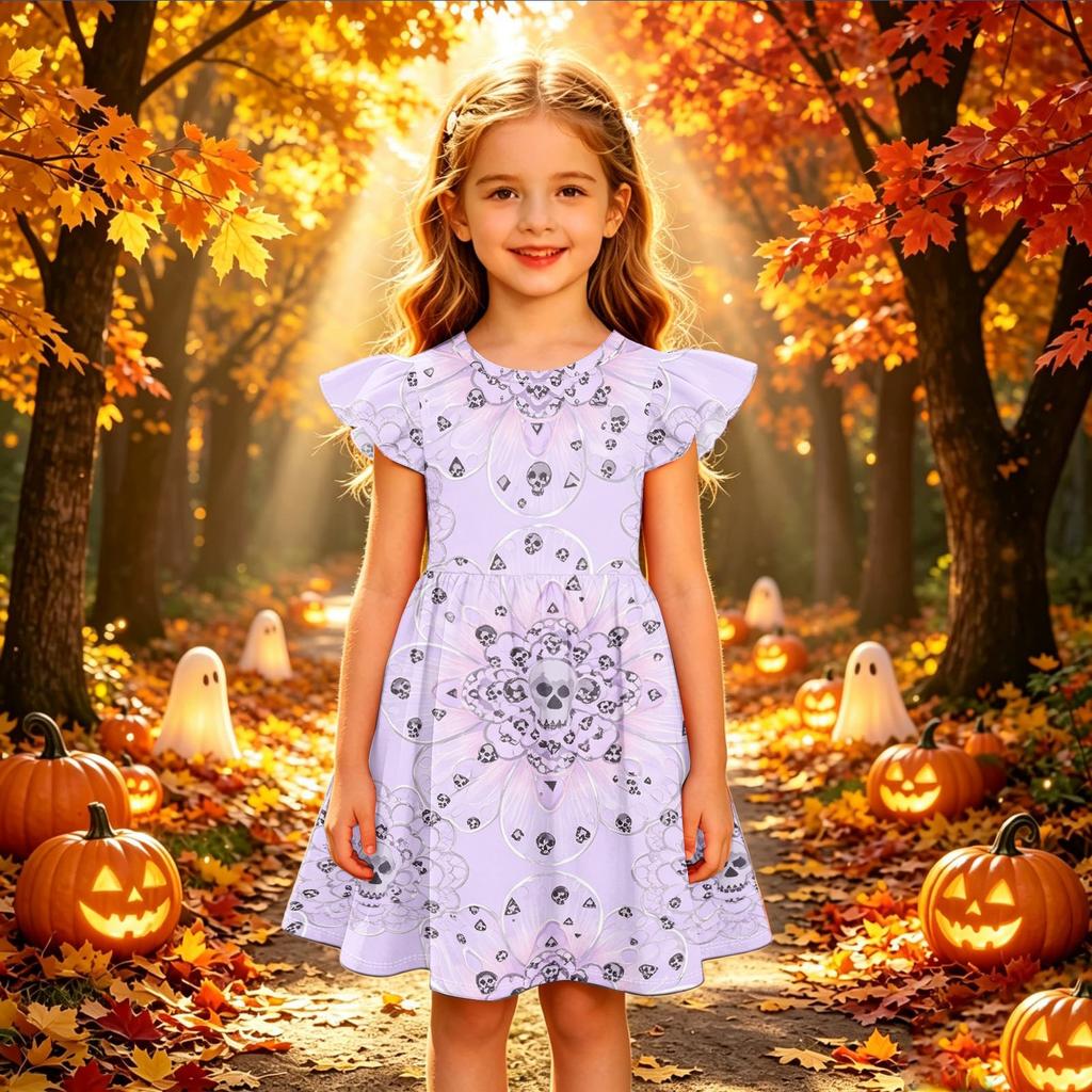 Kids Casual Halloween Printed Sleeve Dress for Party and Holiday
