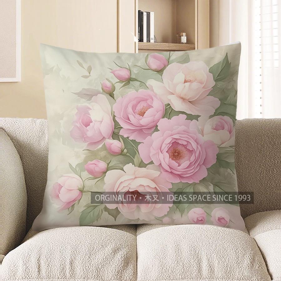 Home Decor Pink Roses In Basket Decorative Pillow Cover Pattern Cushion Cover Suitable For Sofa Bedroom Car Pillow Cover
