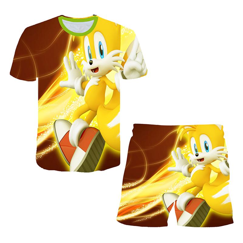 2025 MINISO Ny Japansk Tecknad Sonic 2 T-shirt Barnens Topp Shorts Tvådelat Set Sommar Pojke Tecknad Söt SONIC T-shirt+ Strandbyxor