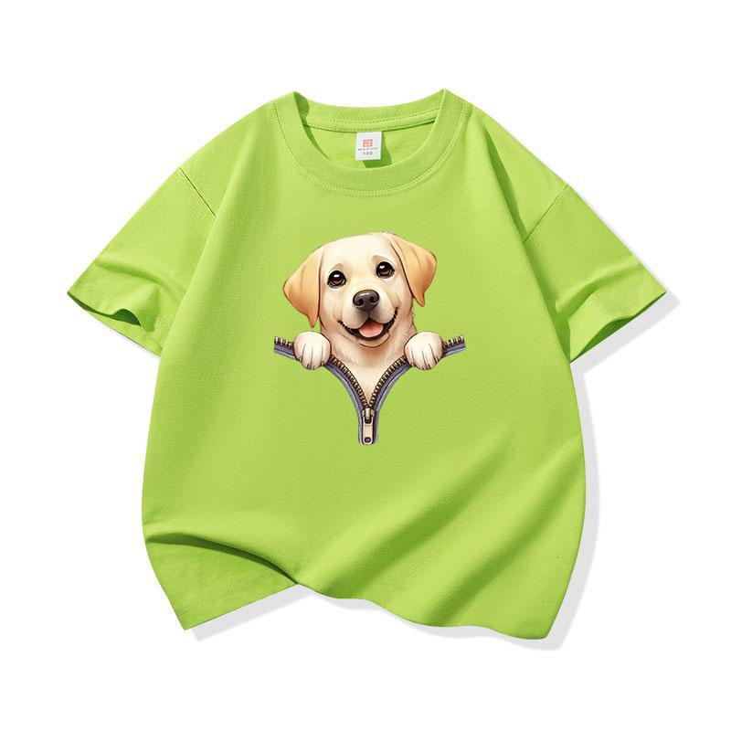 Kids Cotton T Shirt Cute Labrador Retriever Dog Zipper Print Crew Neck Short Sleeve Tee Casual Boys Girls Summer Tops