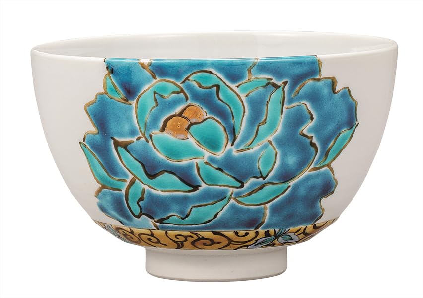 Kutani ware Iwataya Matcha bowl, blue peony, K9-878